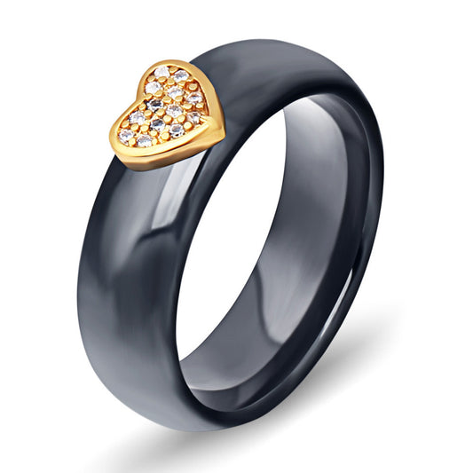 Japan And South Korea Ceramic Micro-Inlaid Zircon Heart-Shaped Black And White Couple Titanium Steel Ring