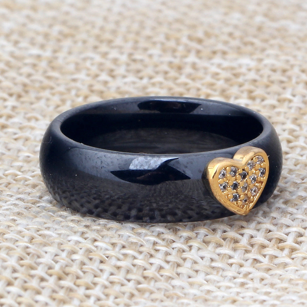 Japan And South Korea Ceramic Micro-Inlaid Zircon Heart-Shaped Black And White Couple Titanium Steel Ring