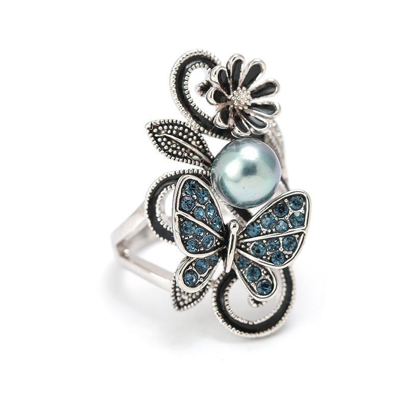 Unisex Geometric Butterfly Ring Pearl Inlaid Gemstones Alloy Individually Packed Ring Perfect Festivals Europe