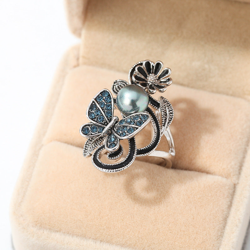 Unisex Geometric Butterfly Ring Pearl Inlaid Gemstones Alloy Individually Packed Ring Perfect Festivals Europe