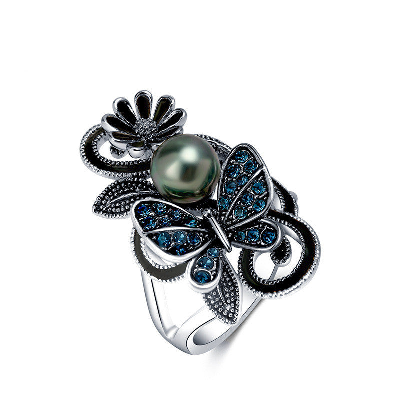 Unisex Geometric Butterfly Ring Pearl Inlaid Gemstones Alloy Individually Packed Ring Perfect Festivals Europe