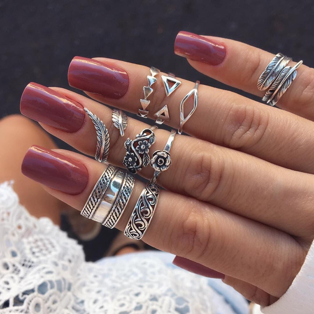 Womens Boho Triangle Midi Finger Rings Set Vintage Punk Carved Leaf Alloy Rings European Travel Souvenir Rings