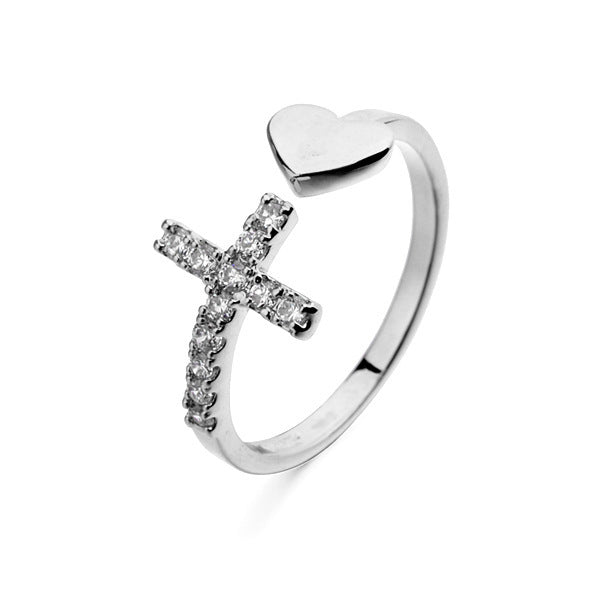 Women's Ring with Cross and Heart Design Inlaid Artificial Gems Wedding Jewelry Fashion Alloy Ring Korean Style Jewelry Rose Gold or Platinum Ring
