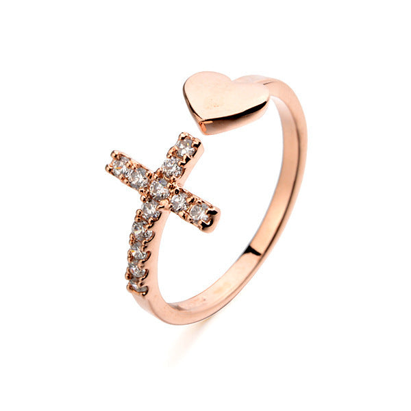 Women's Ring with Cross and Heart Design Inlaid Artificial Gems Wedding Jewelry Fashion Alloy Ring Korean Style Jewelry Rose Gold or Platinum Ring