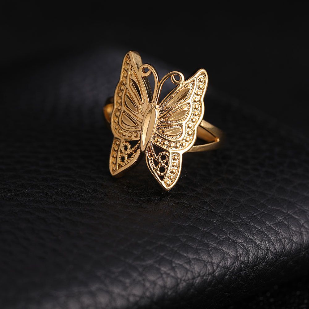 Womens Gold Plated Copper Butterfly Ring Open Adjustable Fashion Jewelry Korean Inspired Design Elegant Trendy