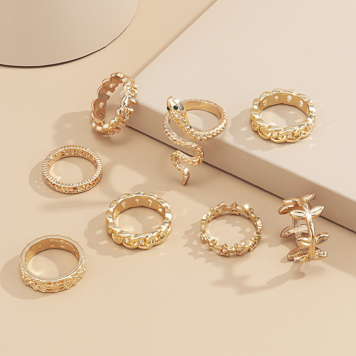 Womens Multilayer Snake Ring Set Hollow Geometric Alloy Rings Electroplated Finish Fashionable Individually Packed