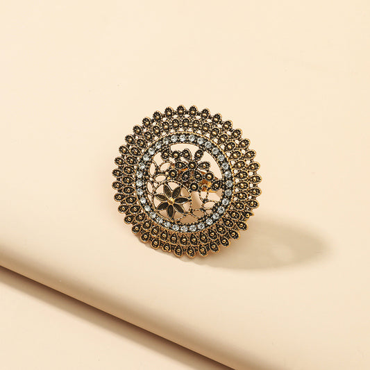 Womens Alloy Ring With Artificial Gemstones Retro Ethnic Geometric Designs Ancient Gold Finish Exaggerated Ring