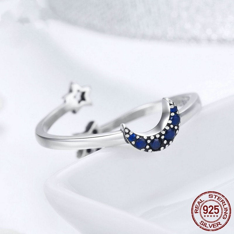 Womens 925 Sterling Silver Star And Moon Ring European American Fashion Jewelry Holiday Gift For Her Packaging