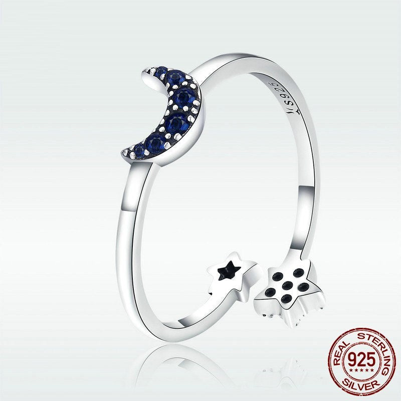 Womens 925 Sterling Silver Star And Moon Ring European American Fashion Jewelry Holiday Gift For Her Packaging
