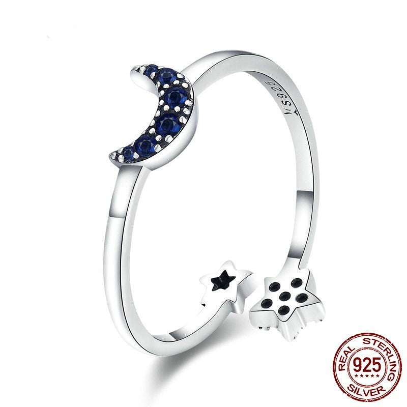 Womens 925 Sterling Silver Star And Moon Ring European American Fashion Jewelry Holiday Gift For Her Packaging