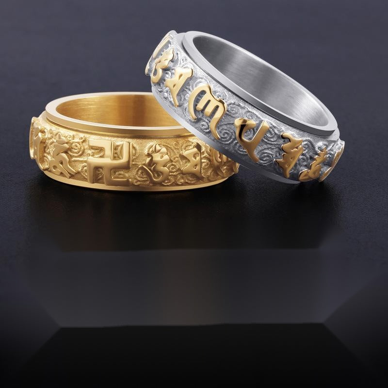 Stainless Steel Six Character Mantra Ring National Style Transfer Mens Silver Gold Tone Sizes Six Twelve 6 7 8