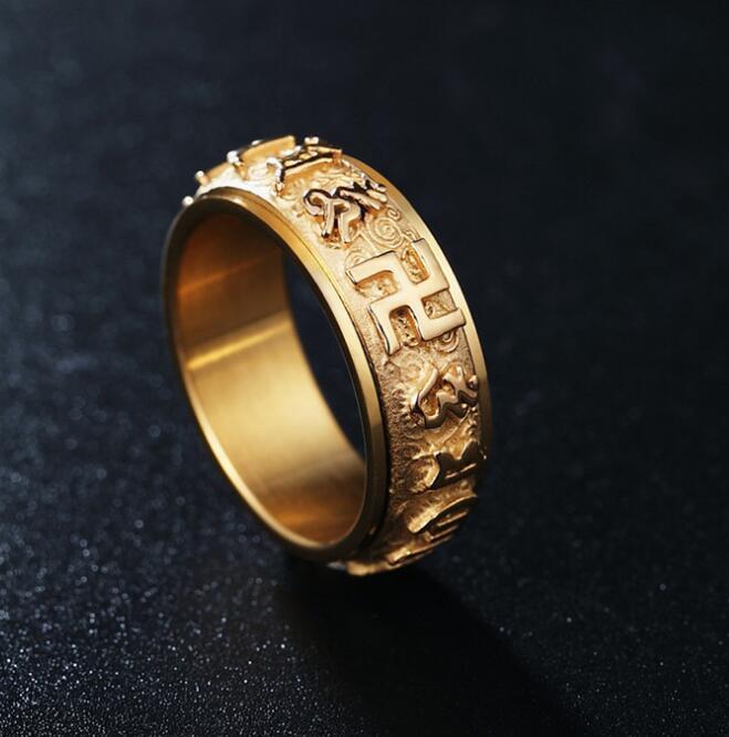 Stainless Steel Six Character Mantra Ring National Style Transfer Mens Silver Gold Tone Sizes Six Twelve 6 7 8