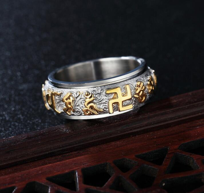 Stainless Steel Six Character Mantra Ring National Style Transfer Mens Silver Gold Tone Sizes Six Twelve 6 7 8