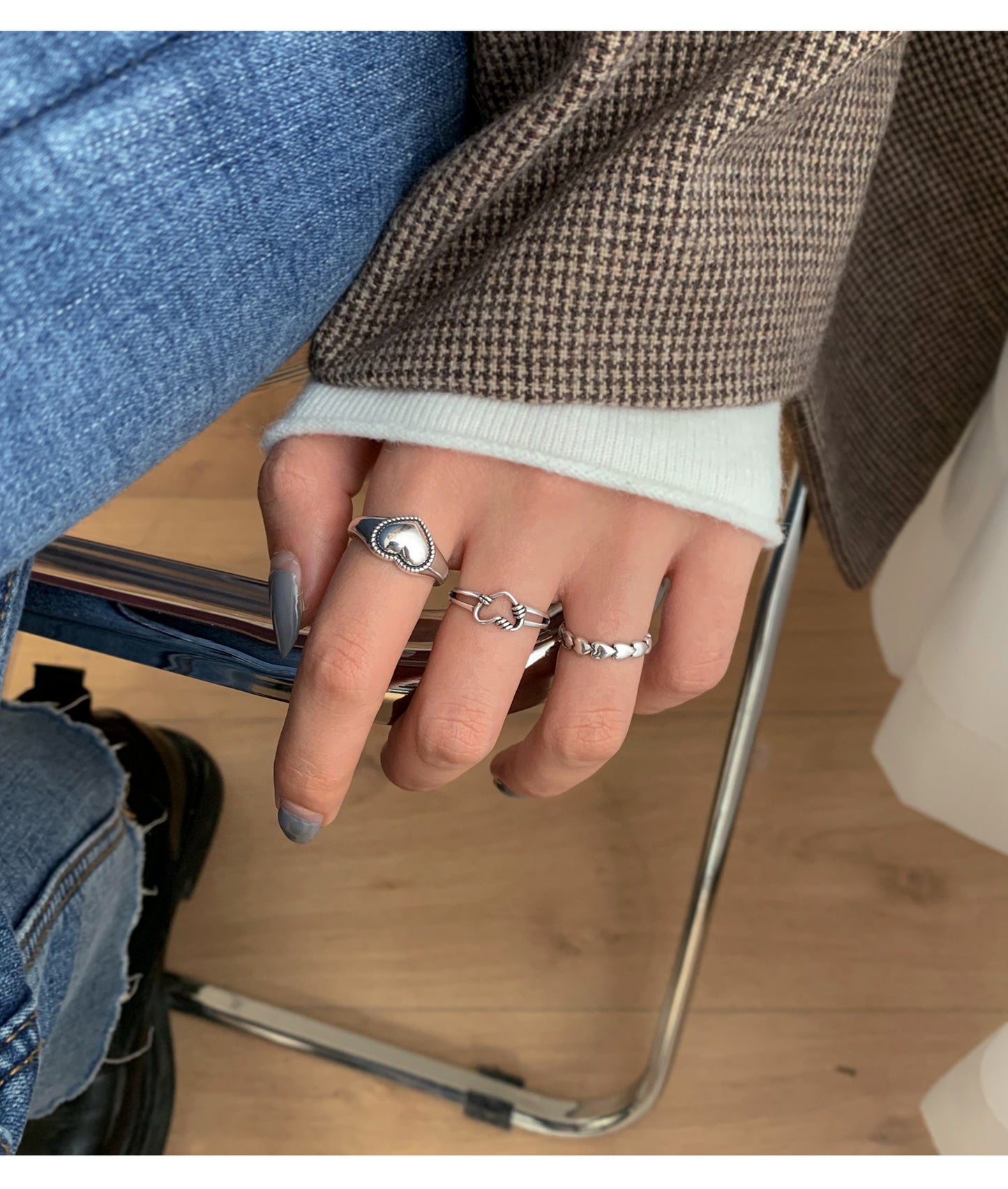 Sterling Silver Adjustable Open Love Ring Hollow Out Geometric Design Korean Style Plated Ring For Women Daily