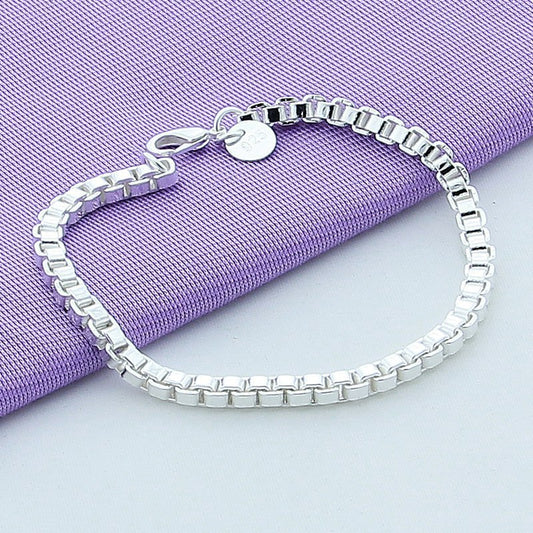Unisex Silver Plated Bracelet Square Box Chain Design Alloy Jewelry Gift For Women Elegant Everyday Gift Ready