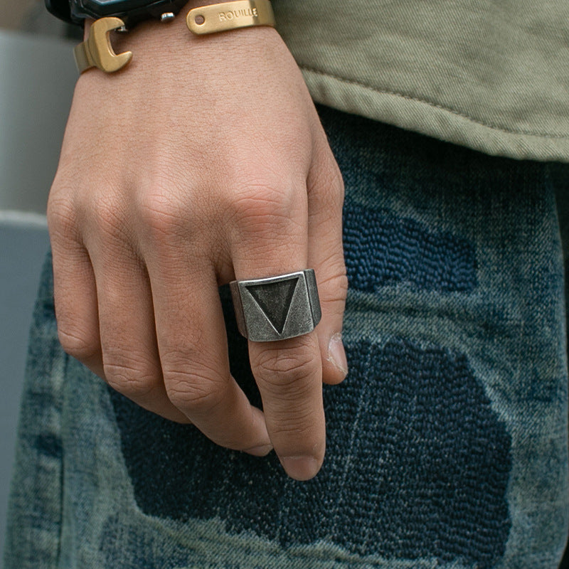 Mens Alloy Viking Triangle Ring Retro Hammer Punk Geometric Polished Design Fashion Statement Everyday For Men