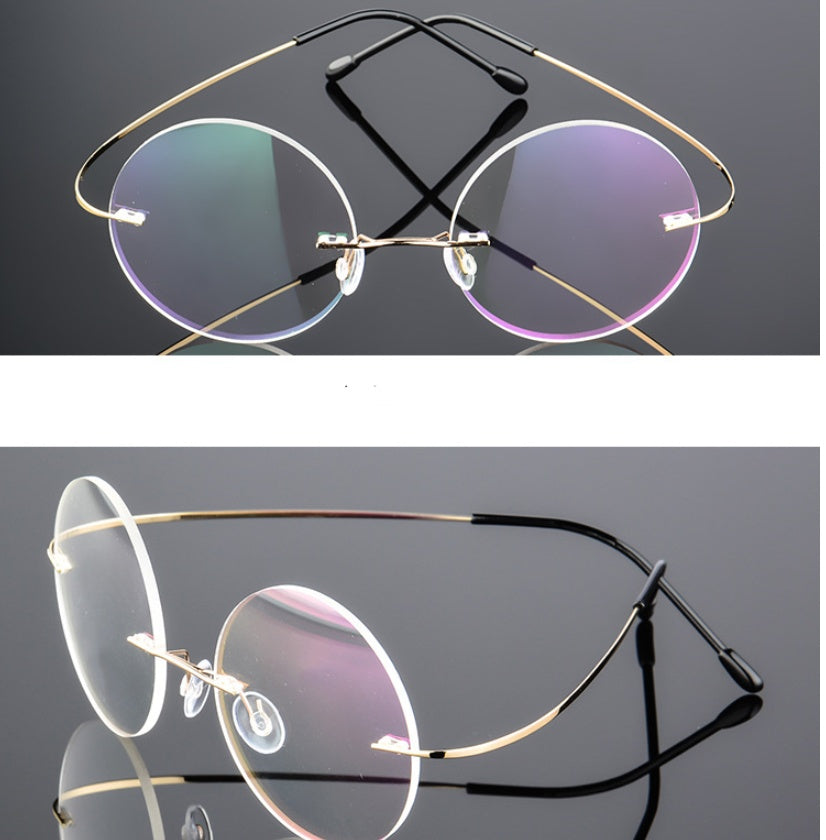 Retro Round Frameless Eyeglasses Men Women Super Elastic Metal Frame Lightweight Titanium Alloy Myopia Glasses