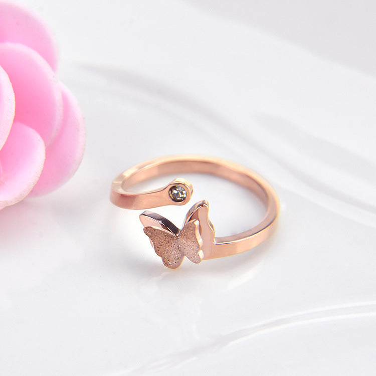 Frosted Butterfly Ring Titanium Steel Rose Gold Plated Artificial Gemstone Jewelry For Lovers Festival Gift Keepsake
