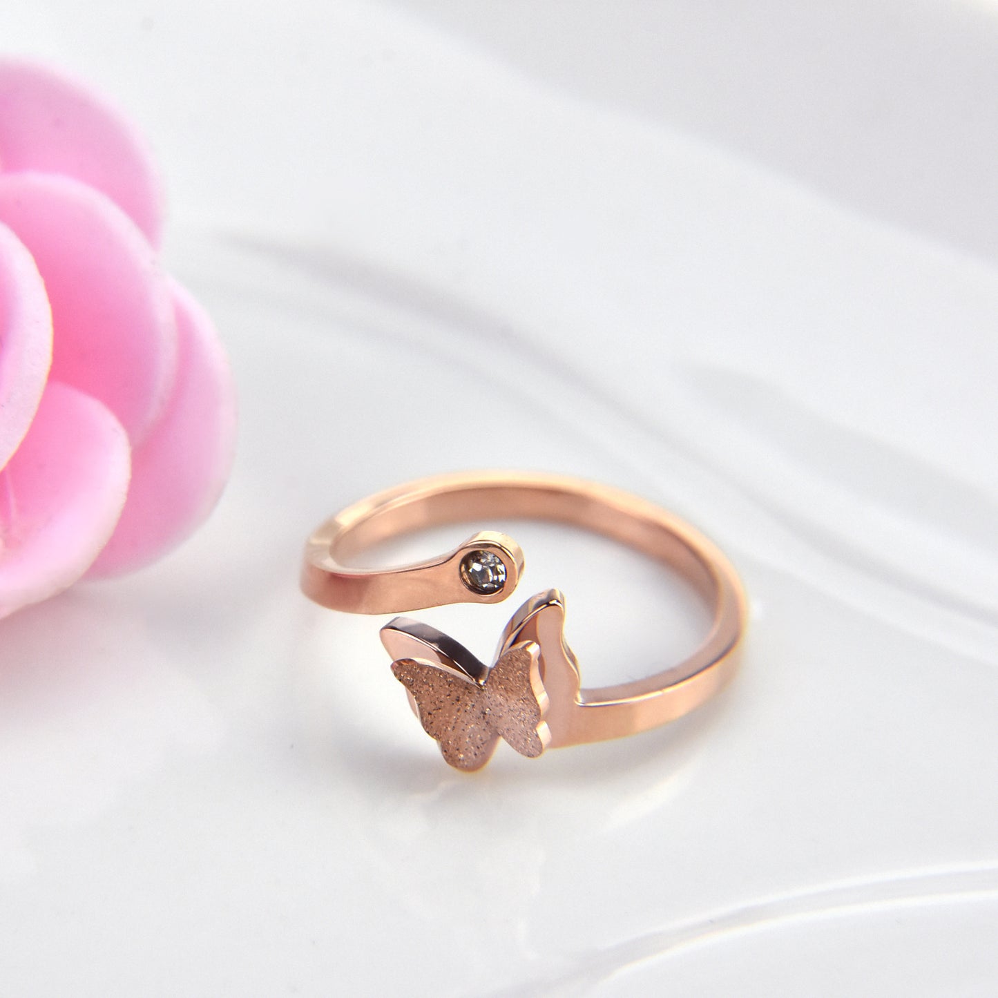 Frosted Butterfly Ring Titanium Steel Rose Gold Plated Artificial Gemstone Jewelry For Lovers Festival Gift Keepsake