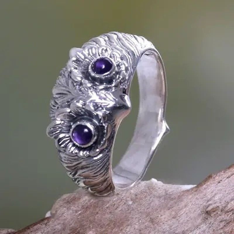 Womens Retro Owl Ring With Purple Eyes Animal Zodiac Alloy Inlaid Gemstones Diamond Finish Jewelry Accessories