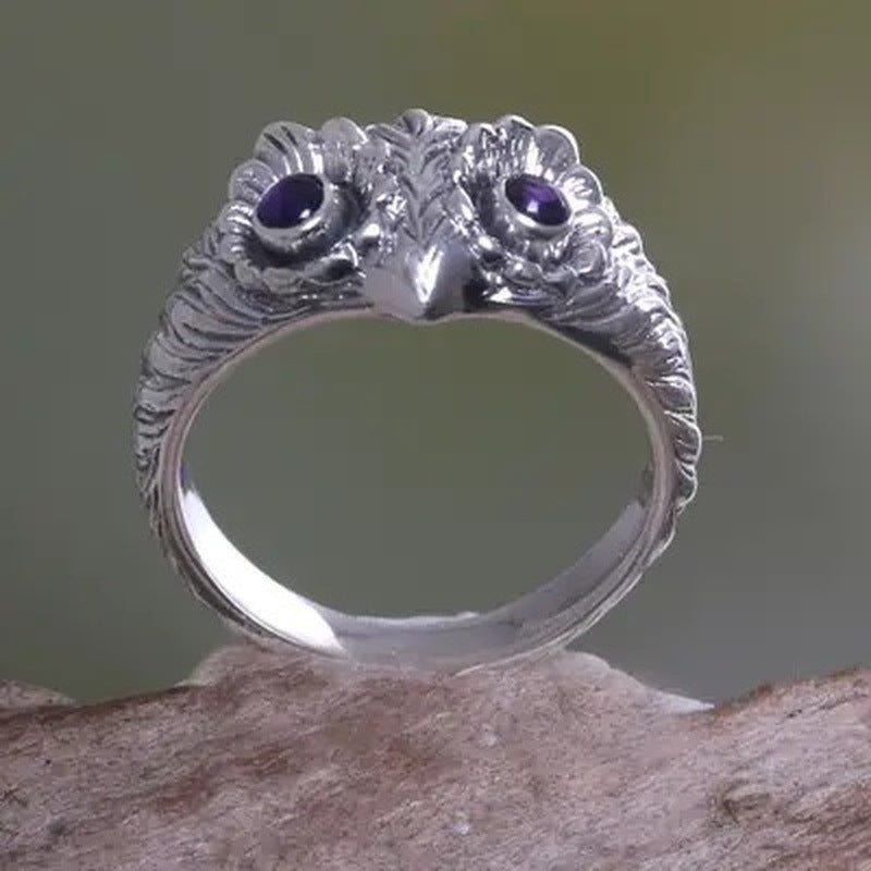 Womens Retro Owl Ring With Purple Eyes Animal Zodiac Alloy Inlaid Gemstones Diamond Finish Jewelry Accessories