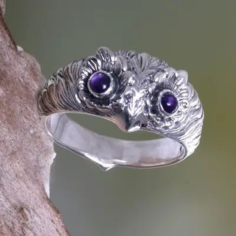 Womens Retro Owl Ring With Purple Eyes Animal Zodiac Alloy Inlaid Gemstones Diamond Finish Jewelry Accessories
