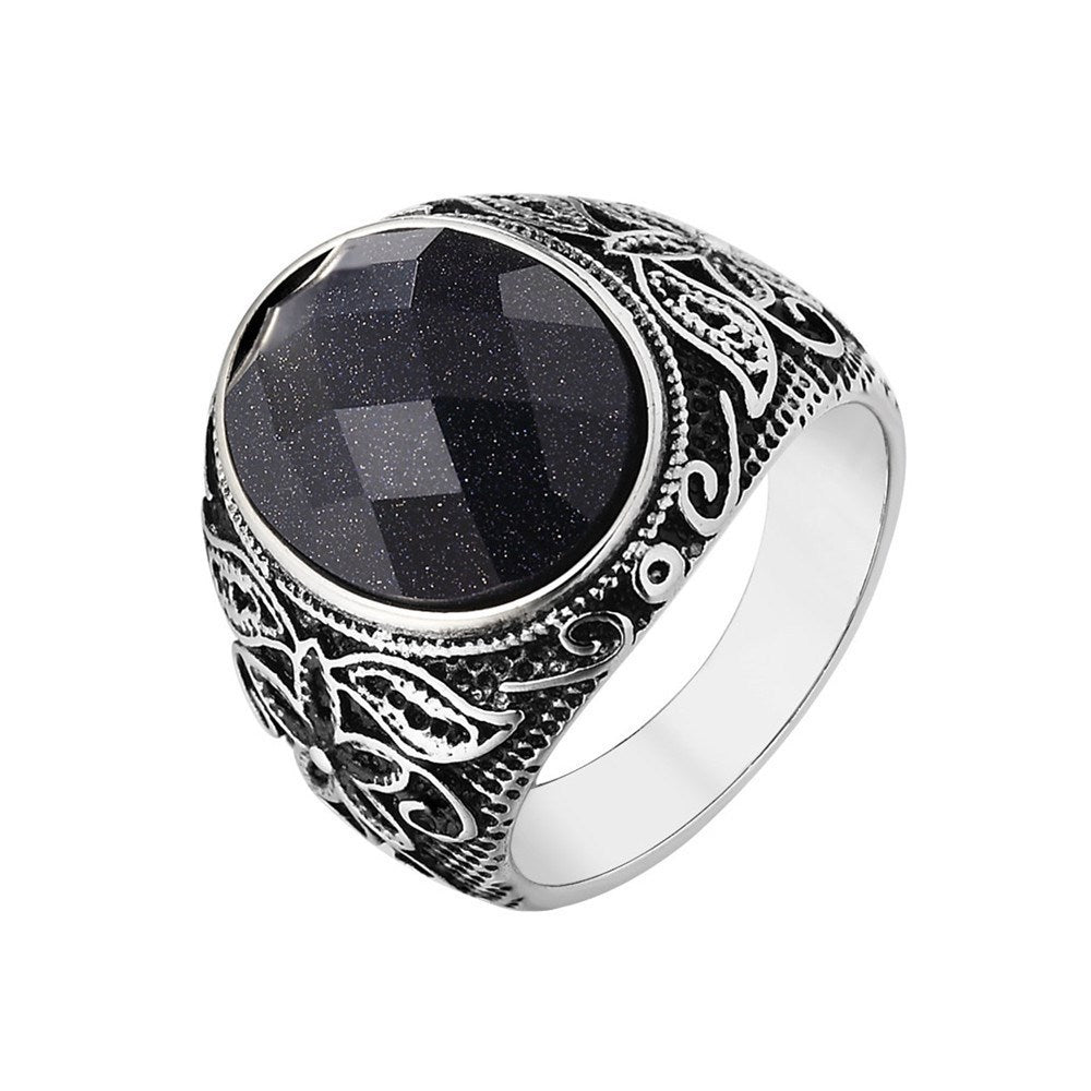 Unisex Stainless Steel Ring Carved Gemstone Jewelry Retro European American Style Black Golden Stones Everyday