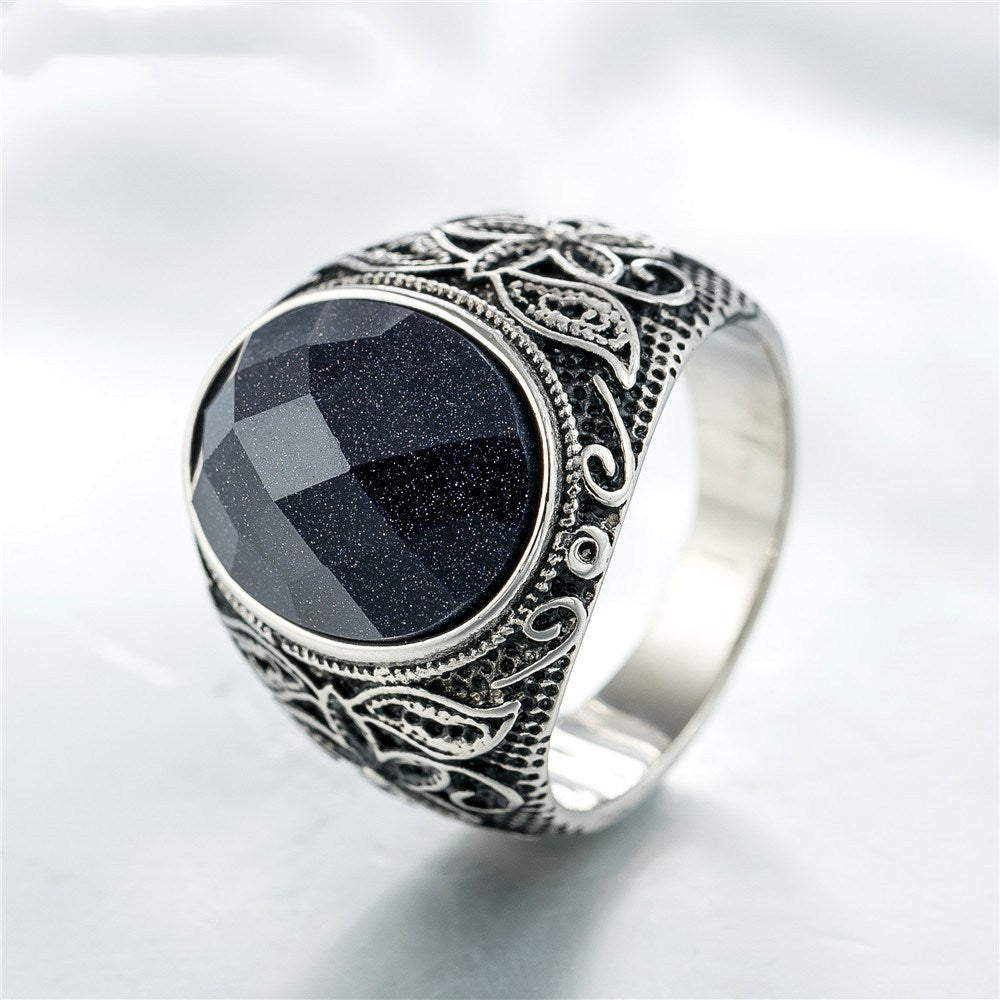 Unisex Stainless Steel Ring Carved Gemstone Jewelry Retro European American Style Black Golden Stones Everyday