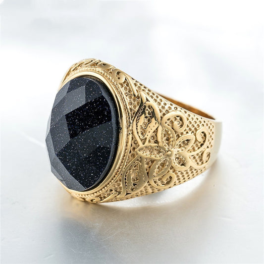 Unisex Stainless Steel Ring Carved Gemstone Jewelry Retro European American Style Black Golden Stones Everyday