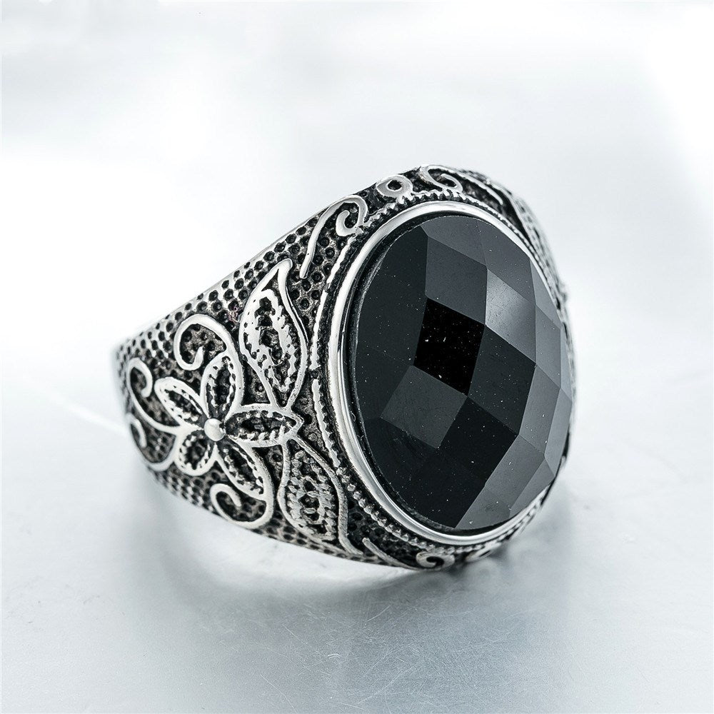 Unisex Stainless Steel Ring Carved Gemstone Jewelry Retro European American Style Black Golden Stones Everyday