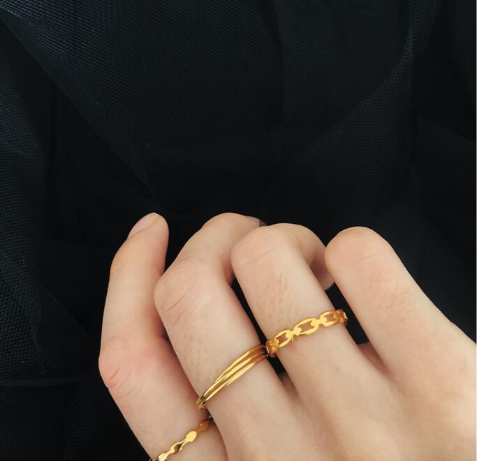 Womens Geometric Hollow Square Chain Ring Gold Tone Titanium Steel Electroplated Durable Jewelry Gift Daily Use