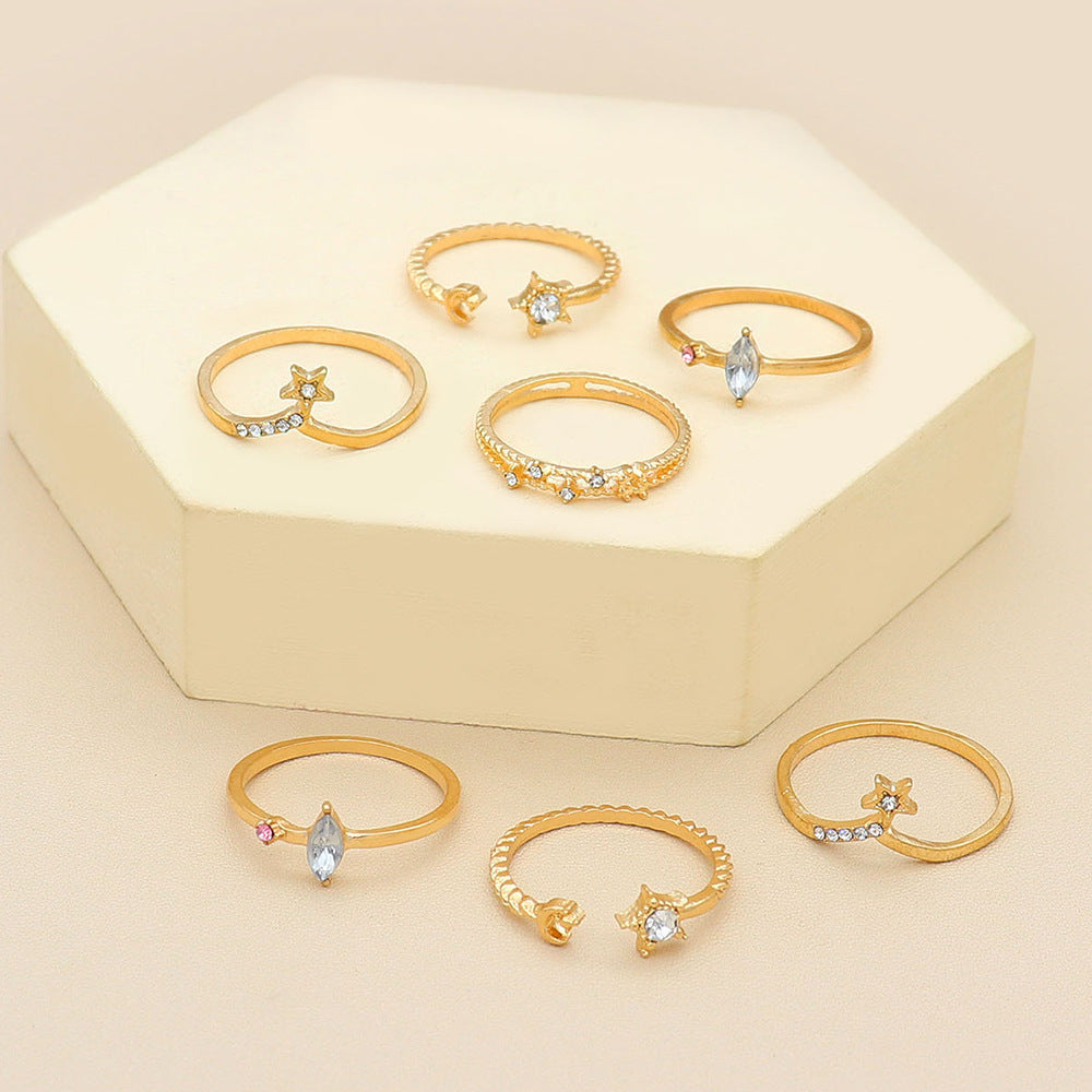 Geometric Knuckle Ring Set Golden Alloy Rings With Purple Gems Unisex Stackable Bohemian Style Fashion Jewelry