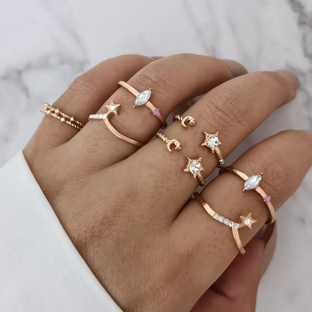 Geometric Knuckle Ring Set Golden Alloy Rings With Purple Gems Unisex Stackable Bohemian Style Fashion Jewelry