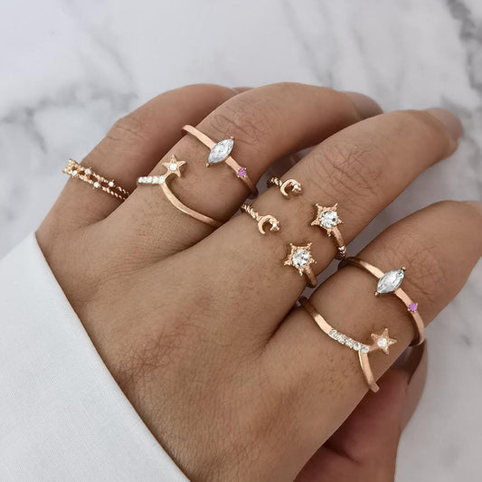 Geometric Knuckle Ring Set Golden Alloy Rings With Purple Gems Unisex Stackable Bohemian Style Fashion Jewelry