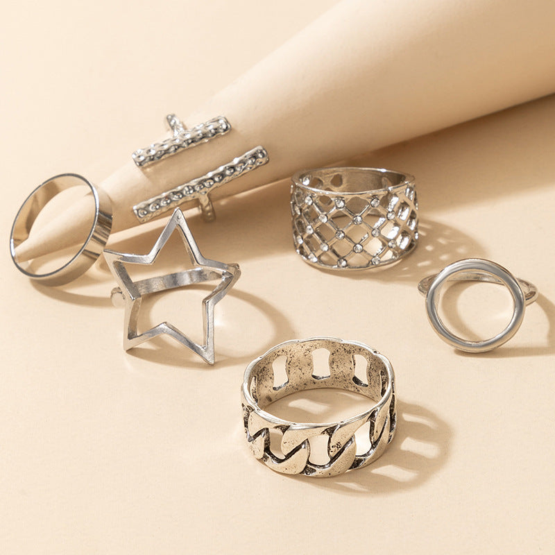 Geometric Star Circle Ring Set Six Piece Unisex Alloy Rings Electroplated Silver Finish Individually Packaged Great