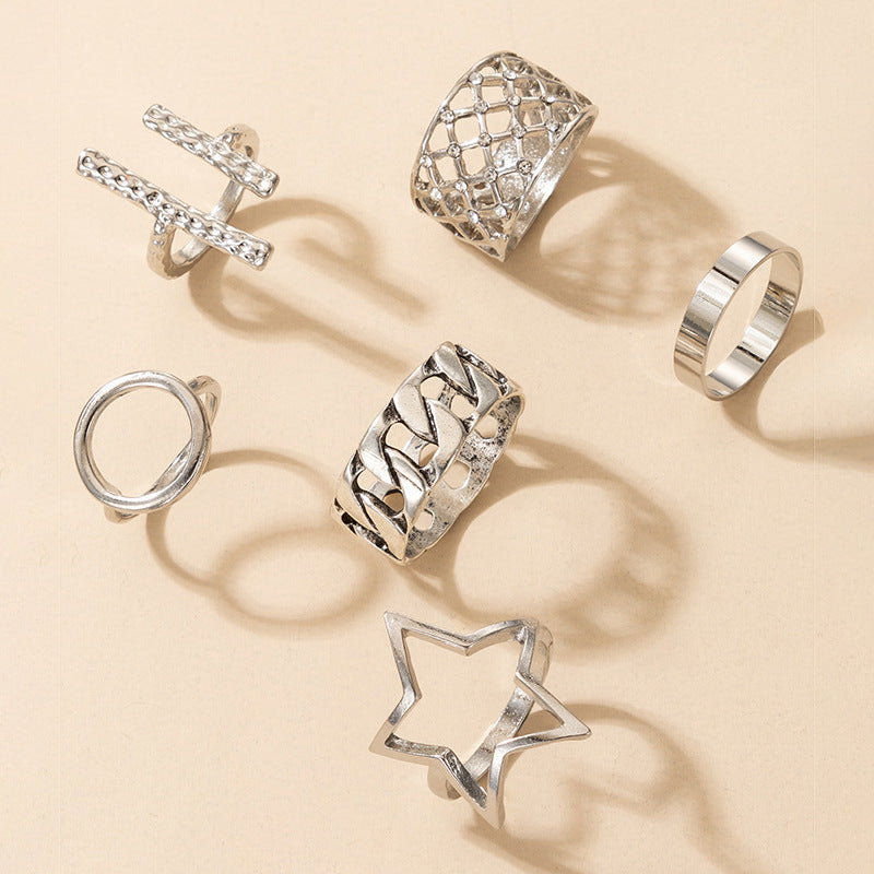 Geometric Star Circle Ring Set Six Piece Unisex Alloy Rings Electroplated Silver Finish Individually Packaged Great