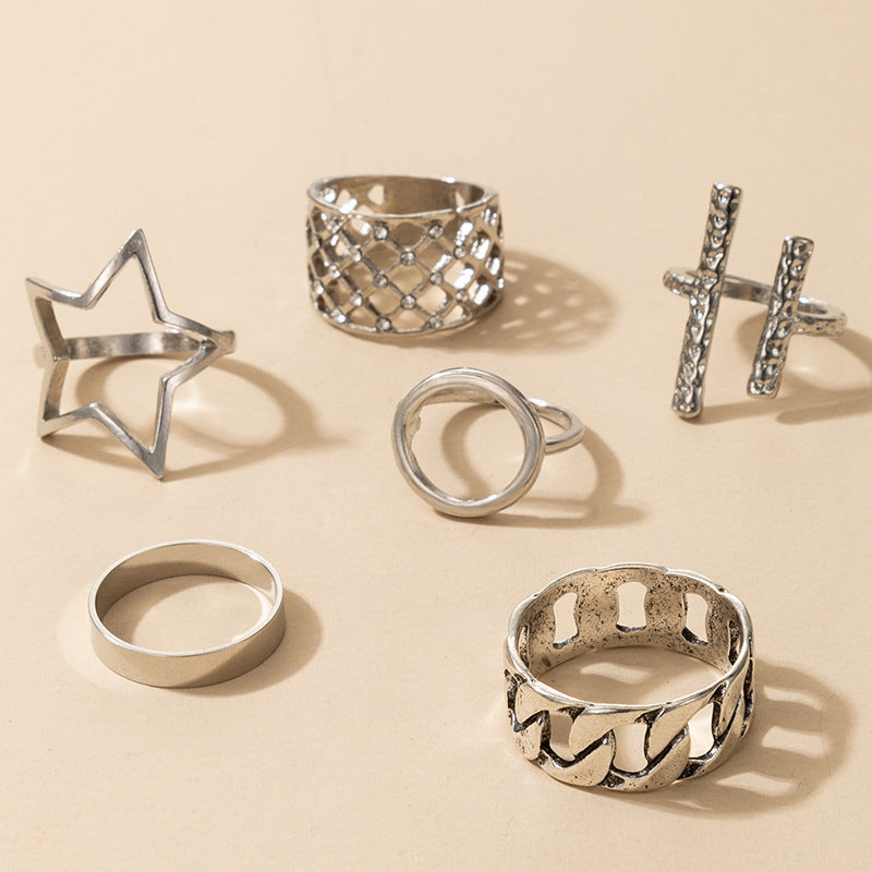 Geometric Star Circle Ring Set Six Piece Unisex Alloy Rings Electroplated Silver Finish Individually Packaged Great