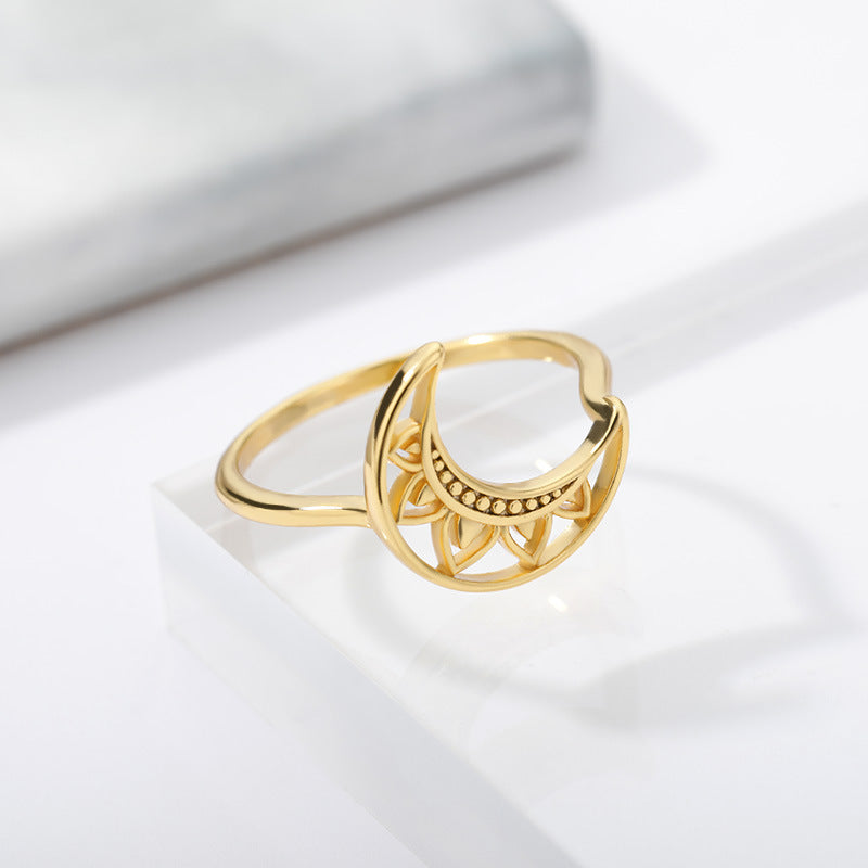 Gold Plated Copper Ring Adjustable Lightweight Hollow Petal Moon Ring For Women Girls Fashion Fashion Diameter
