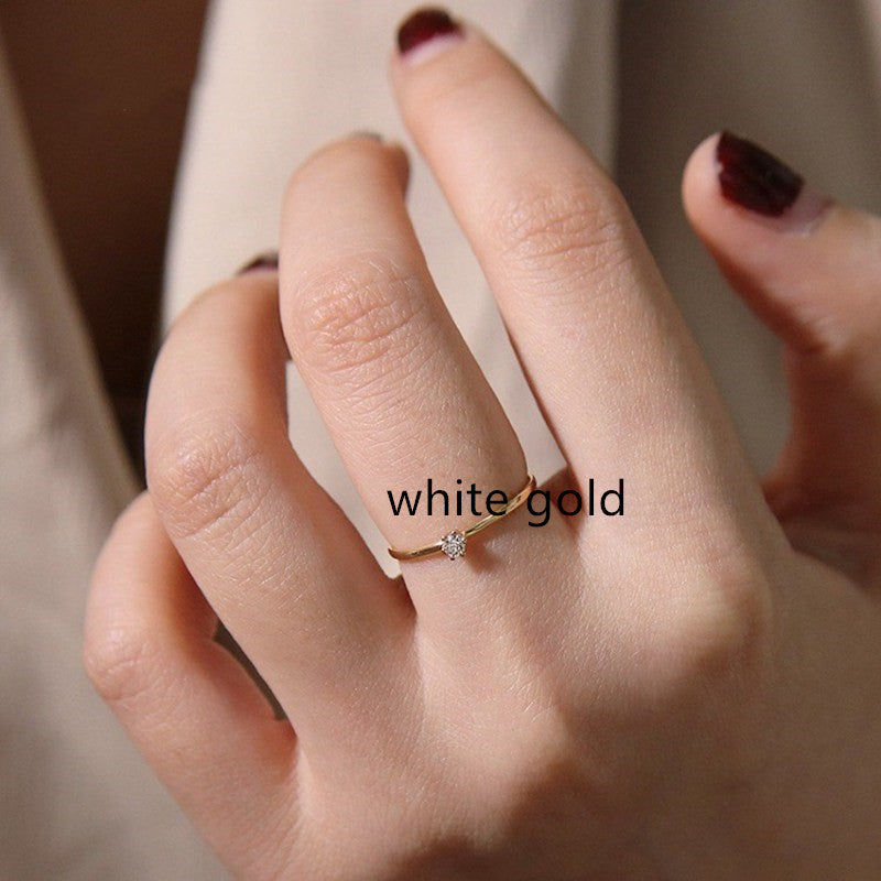 Women's Thin Single Diamond Ring 925 Sterling Silver Plated 14K Gold Ladies Ring Tail Ring with Eight Hearts and Arrows Zircon Korean Fashion Jewelry