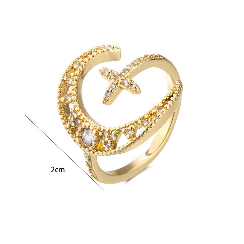 Womens Hollow Moon Open Ring Micro Inlaid Zircon Geometric Copper Plated Real Gold Jewelry Gift Birthday Gift