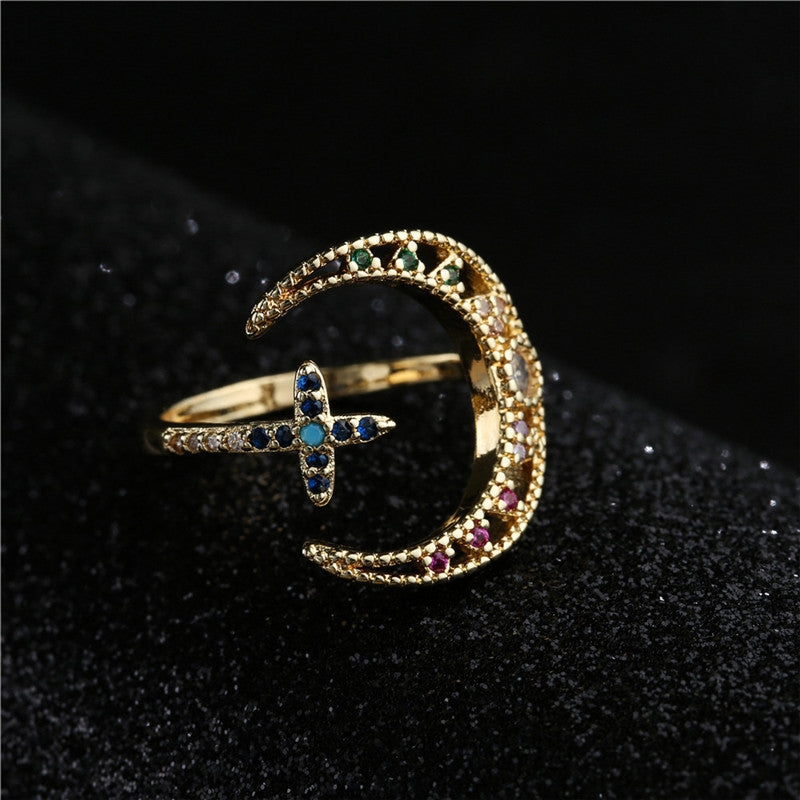 Womens Hollow Moon Open Ring Micro Inlaid Zircon Geometric Copper Plated Real Gold Jewelry Gift Birthday Gift