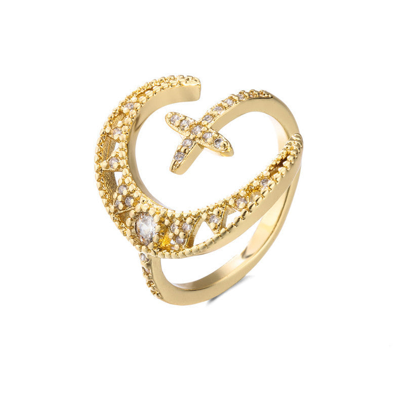 Womens Hollow Moon Open Ring Micro Inlaid Zircon Geometric Copper Plated Real Gold Jewelry Gift Birthday Gift