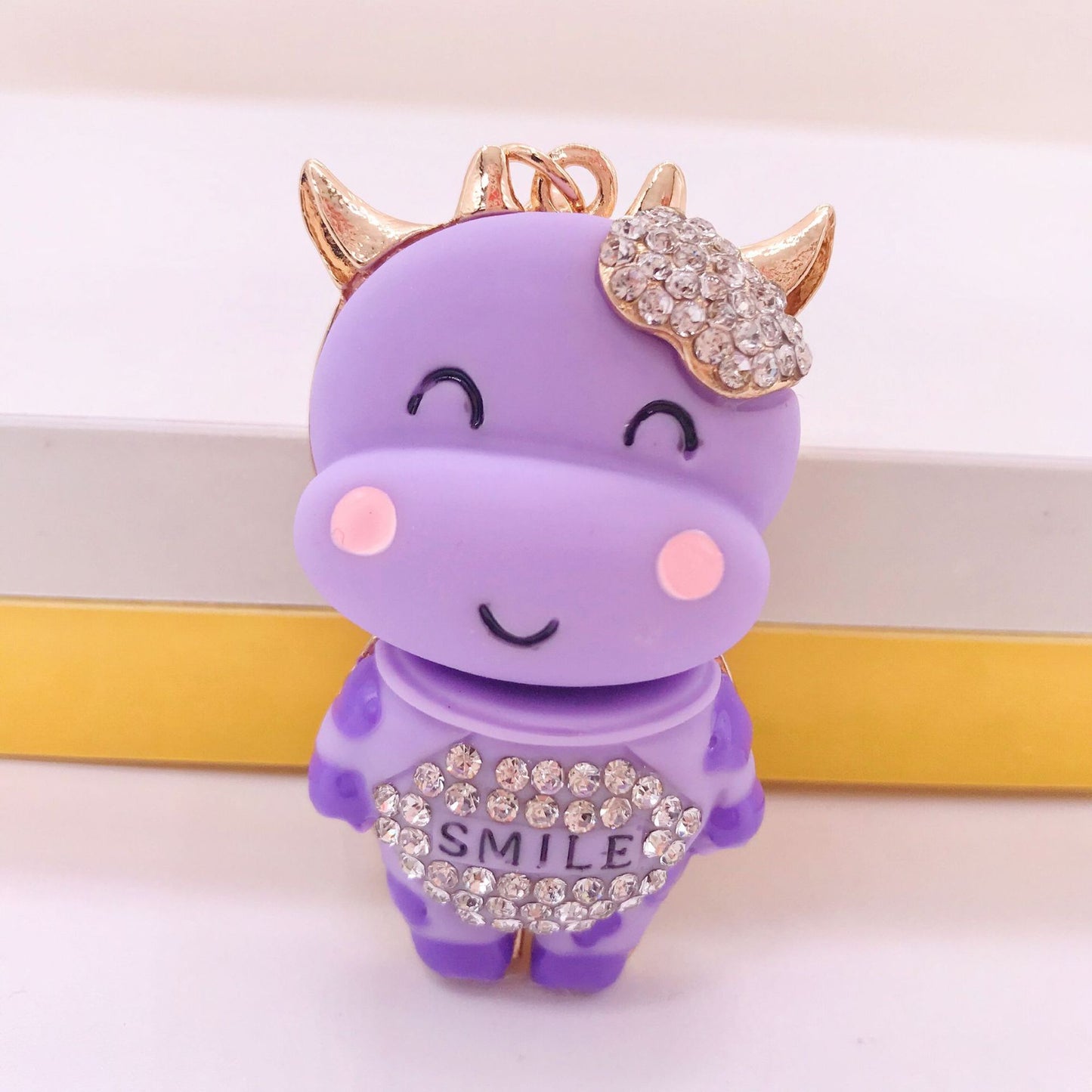 Creative Cow Rhinestone Keychain With Smile Pendant Metal Car Key Ring Decorative Accessory For Keys Gift For Daily Use