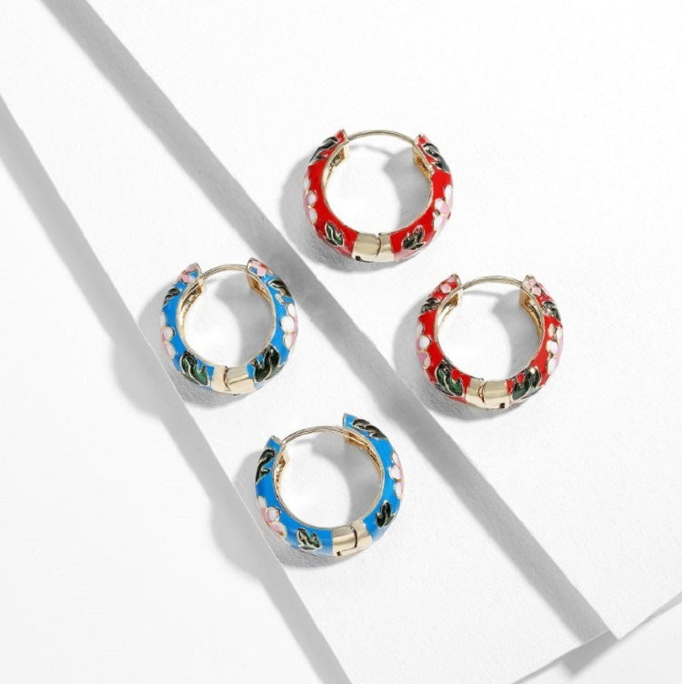Womens Retro Hipster Circle Hoop Earrings Alloy Dripping Oil Durable Elegant Everyday Jewelry Gift Red Blue Black