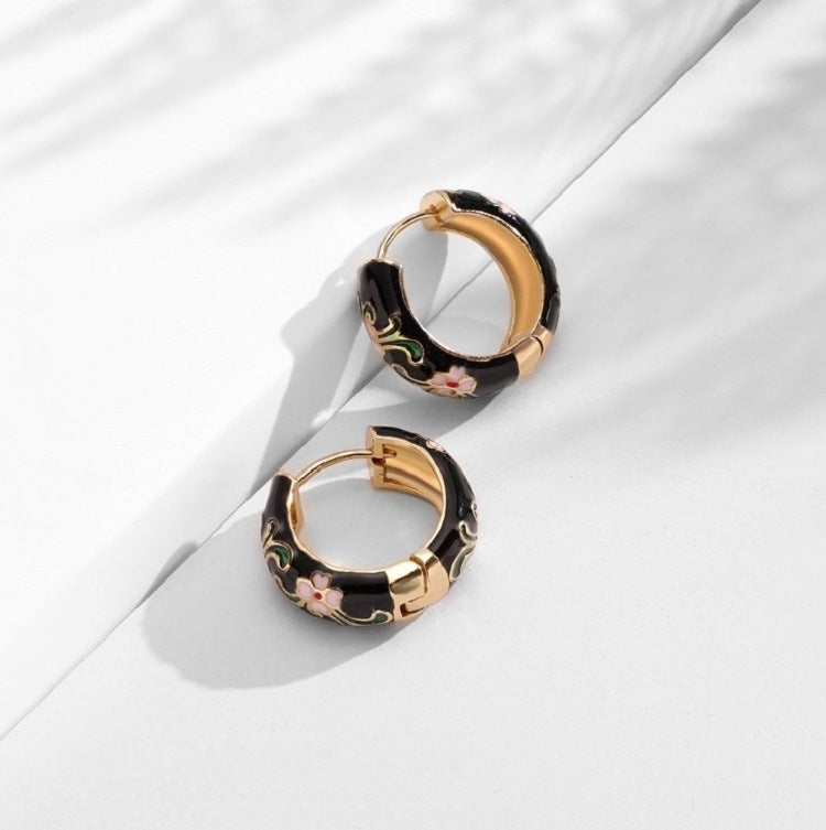Womens Retro Hipster Circle Hoop Earrings Alloy Dripping Oil Durable Elegant Everyday Jewelry Gift Red Blue Black