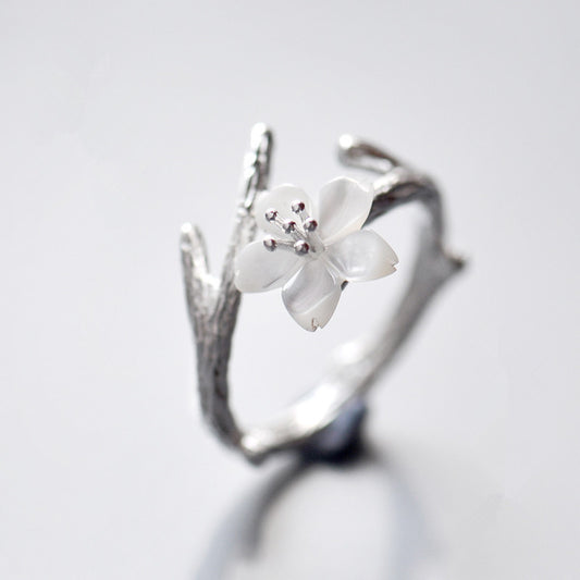 Sterling Silver Cherry Blossom Ring Natural Shell Flower Design Korean Fashion Mixed Metal Cupronickel Jewelry