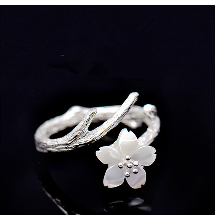 Sterling Silver Cherry Blossom Ring Natural Shell Flower Design Korean Fashion Mixed Metal Cupronickel Jewelry