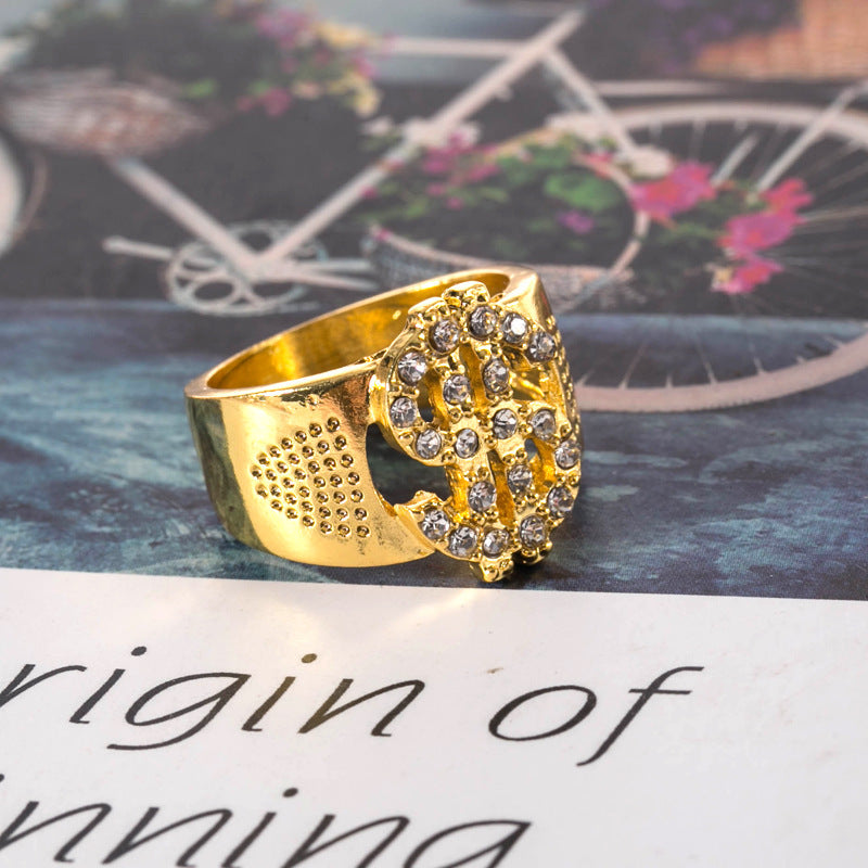 Mens Hip Hop Dollar Sign Ring With Zircon Inlaying Electroplated European Alloy Statement Ring for Men Fashion