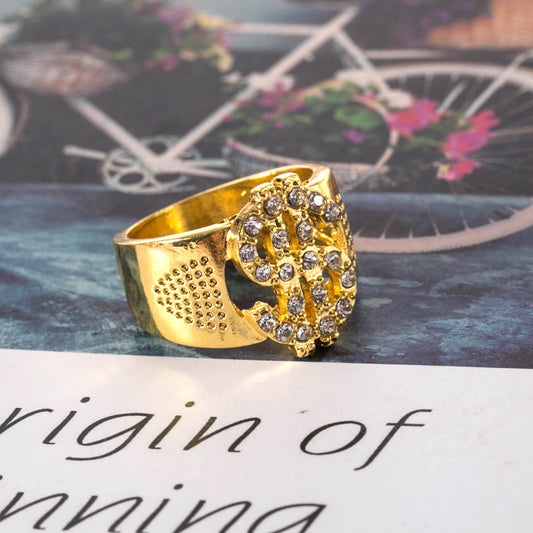 Mens Hip Hop Dollar Sign Ring With Zircon Inlaying Electroplated European Alloy Statement Ring for Men Fashion