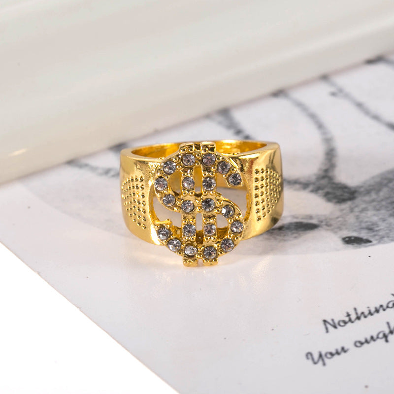 Mens Hip Hop Dollar Sign Ring With Zircon Inlaying Electroplated European Alloy Statement Ring for Men Fashion